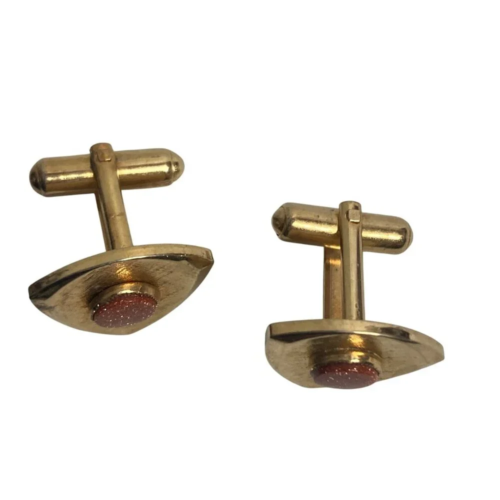 Vintage MCM Gold Tone Triangle Cufflinks Goldstone Sparkly Orange Stone
